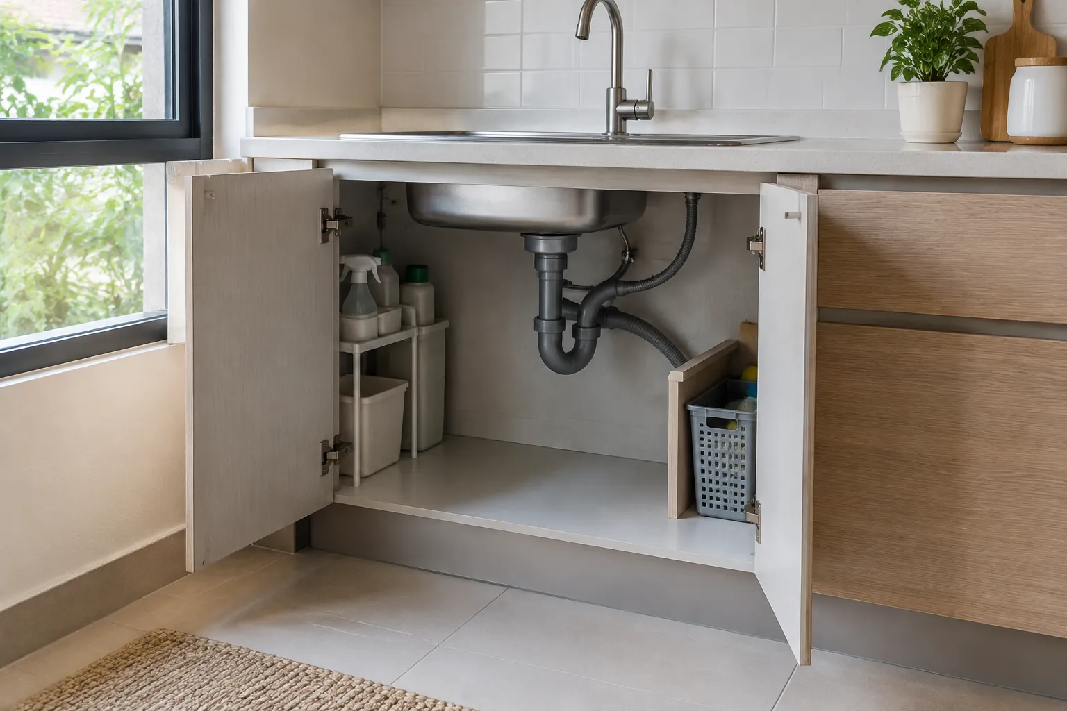 Pipa wastafel terlihat dalam kabinet bawah dapur