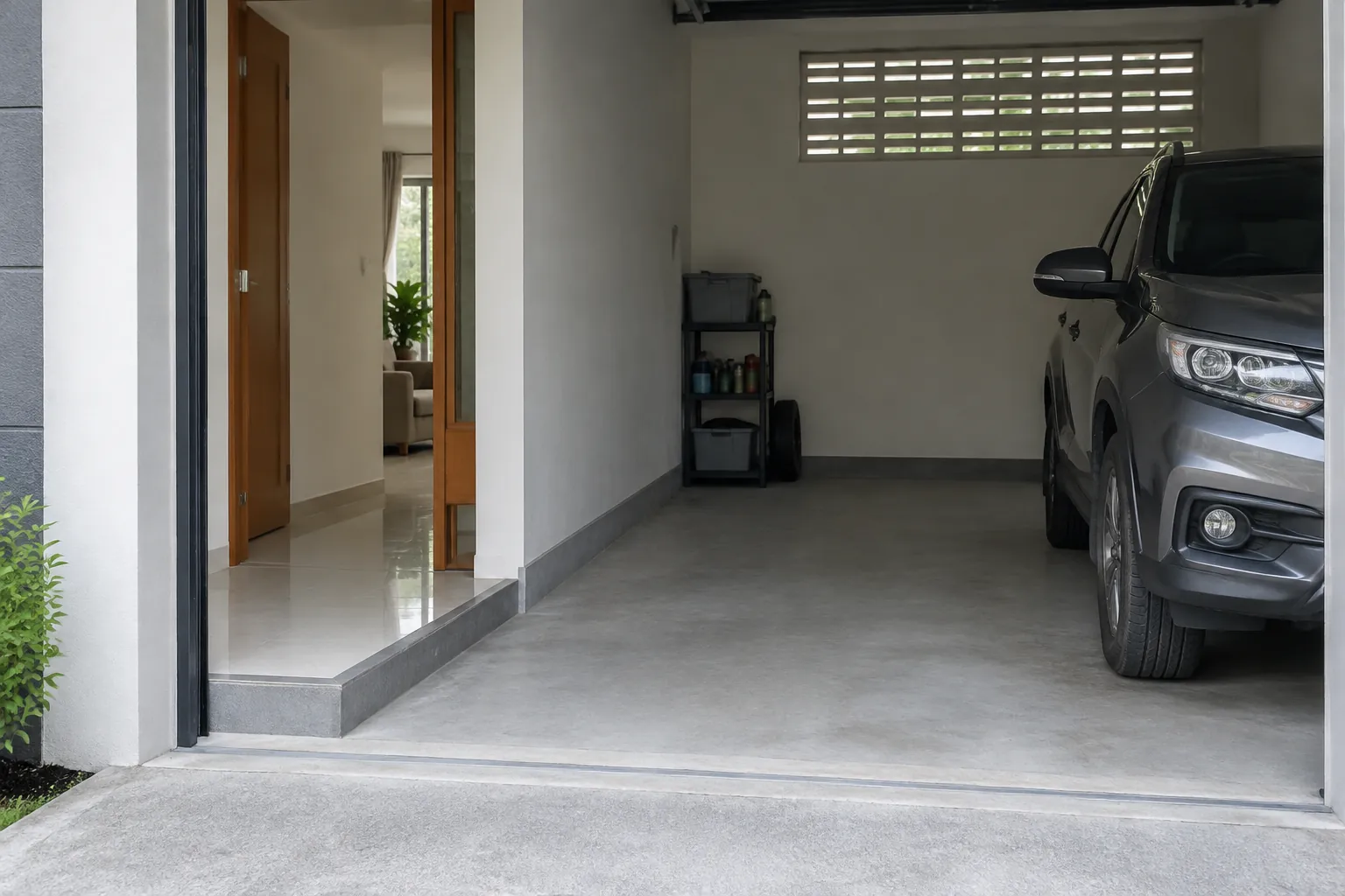 Garasi dengan kendaraan dan pintu menuju rumah