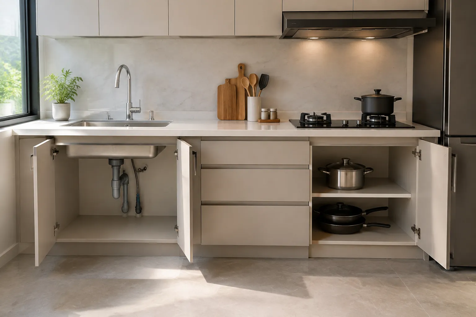 Kabinet dapur berwarna terang tersusun di sekitar bak cuci dan kompor