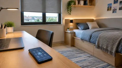 Perangkat kendali rumah di meja kamar remaja