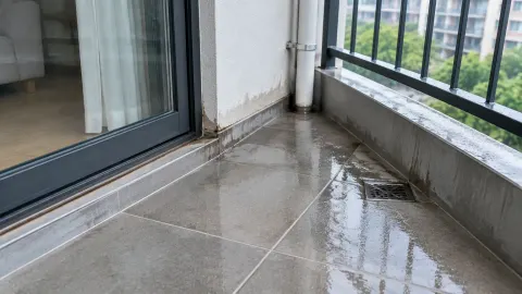 Genangan air pada sudut balkon dekat pintu kaca