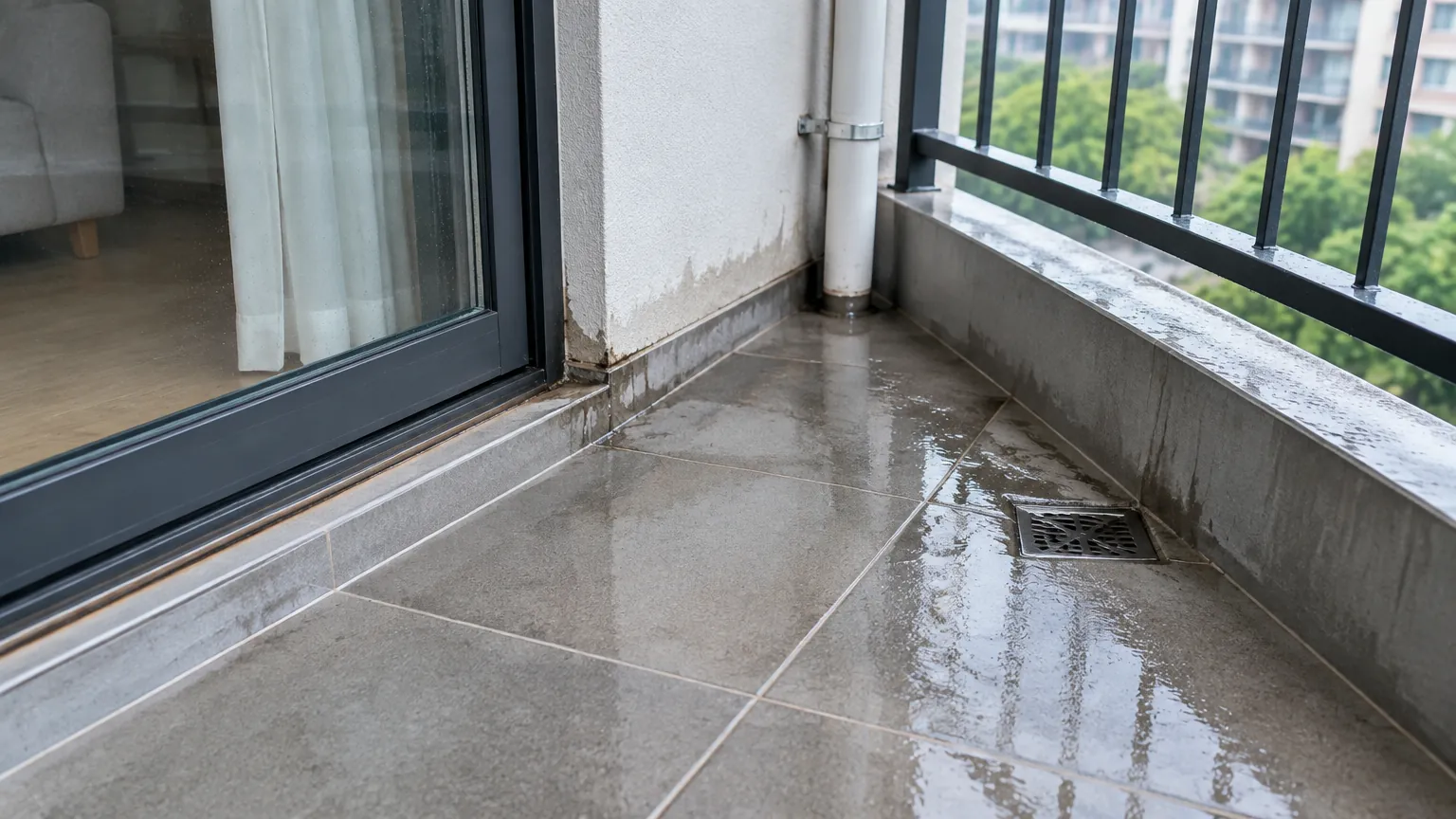 Genangan air pada sudut balkon dekat pintu kaca