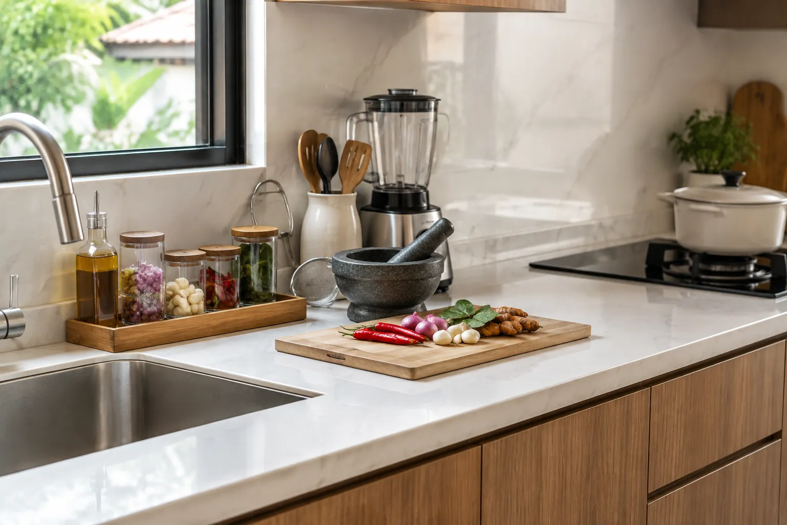 Wastafel dan area persiapan bahan di dapur kayu dekat jendela