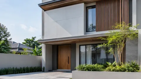 Fasad rumah modern dengan beberapa material dinding
