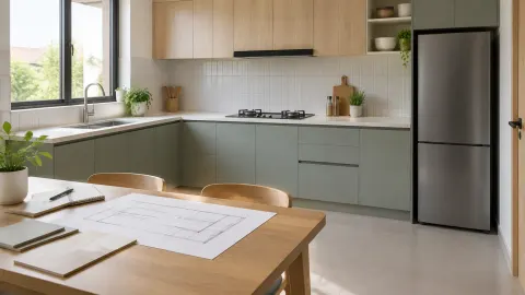 Kitchen set dengan kabinet, bak cuci, kompor, dan meja makan