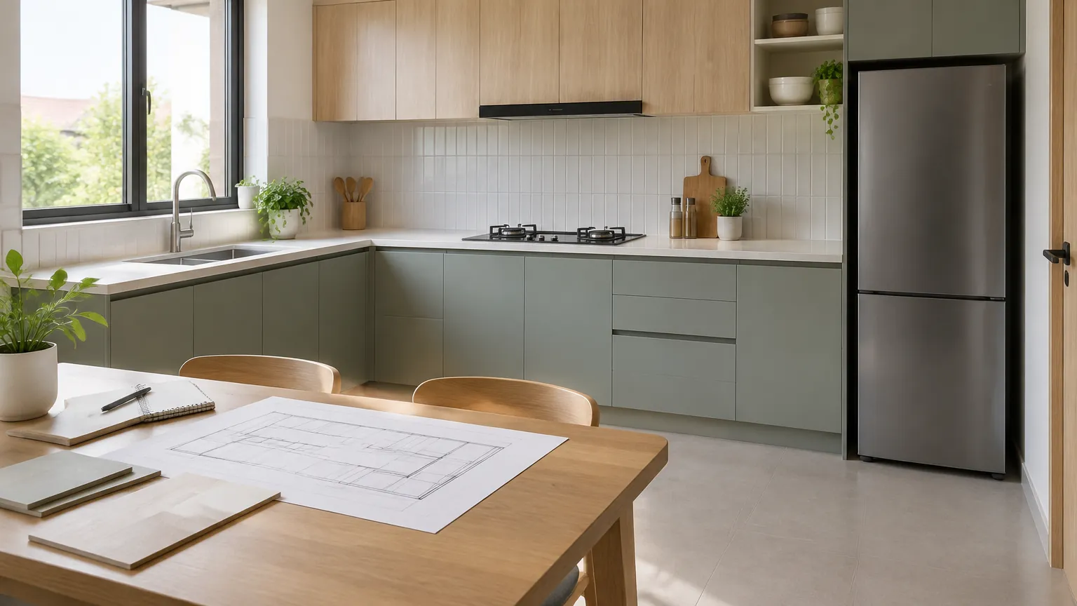 Kitchen set dengan kabinet, bak cuci, kompor, dan meja makan