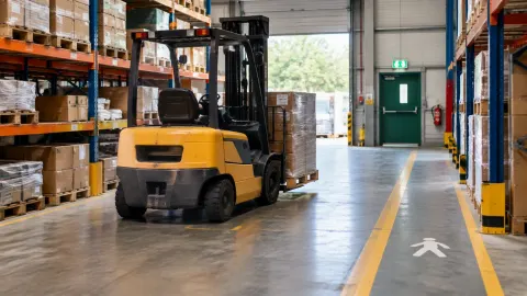 Forklift di antara rak penyimpanan gudang