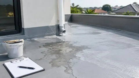 Lantai teras atap dengan noda dan retakan dekat dinding serta saluran