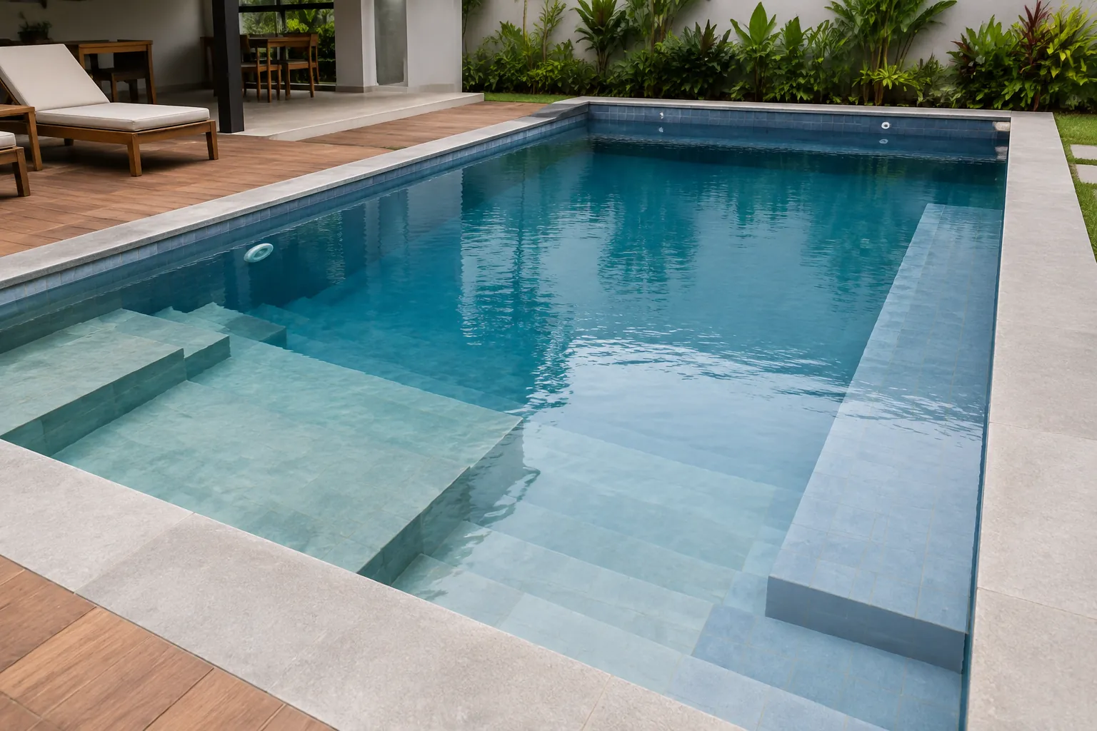 Tangga masuk terlihat pada bagian dangkal kolam rumah