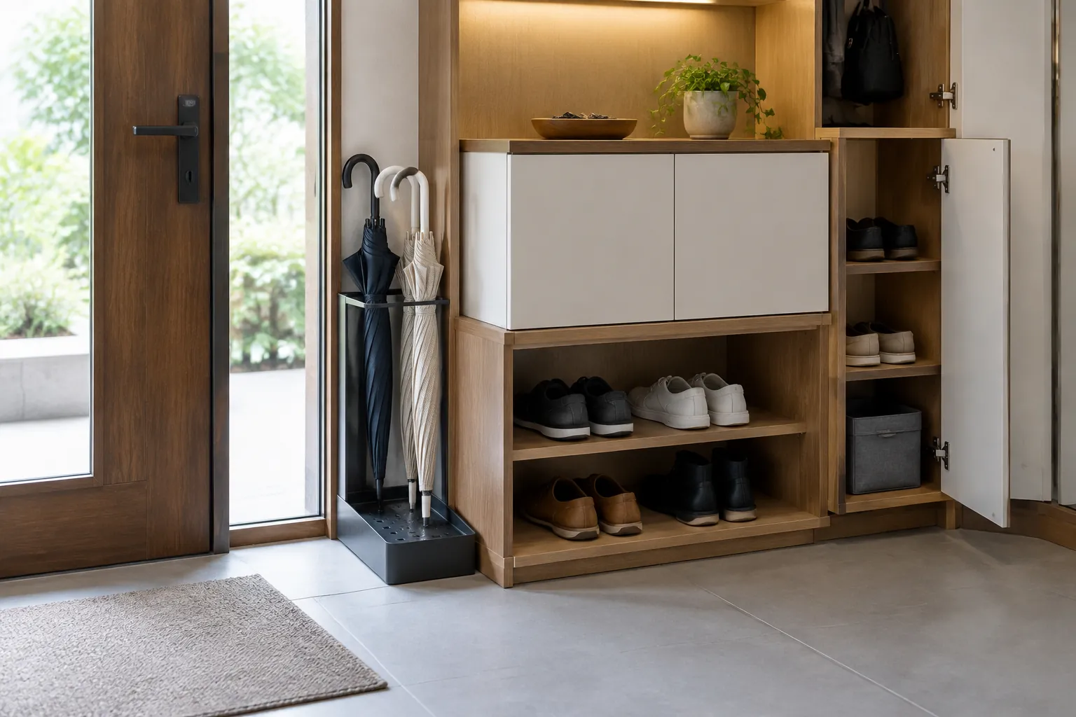 Kabinet foyer terbuka dengan bagian untuk sepatu dan payung