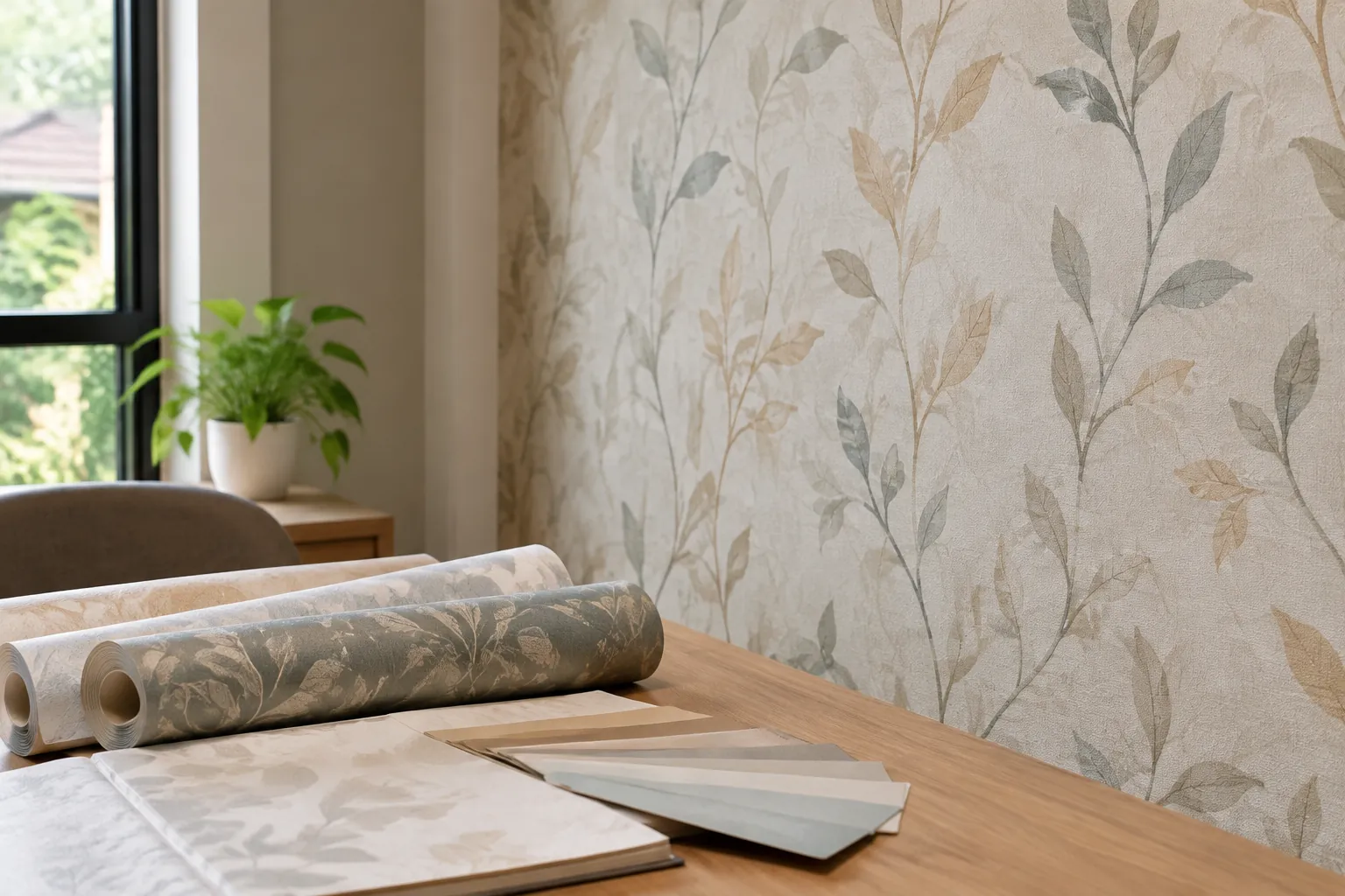 Sampel wallpaper bermotif daun dan gulungan bahan di meja