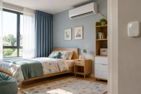 Perangkat putih di dinding dan AC.