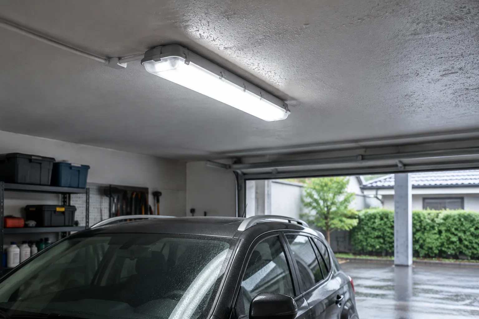 Lampu panjang menyinari mobil di garasi