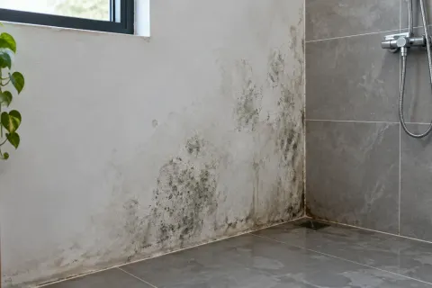 Bercak gelap pada dinding dekat area shower