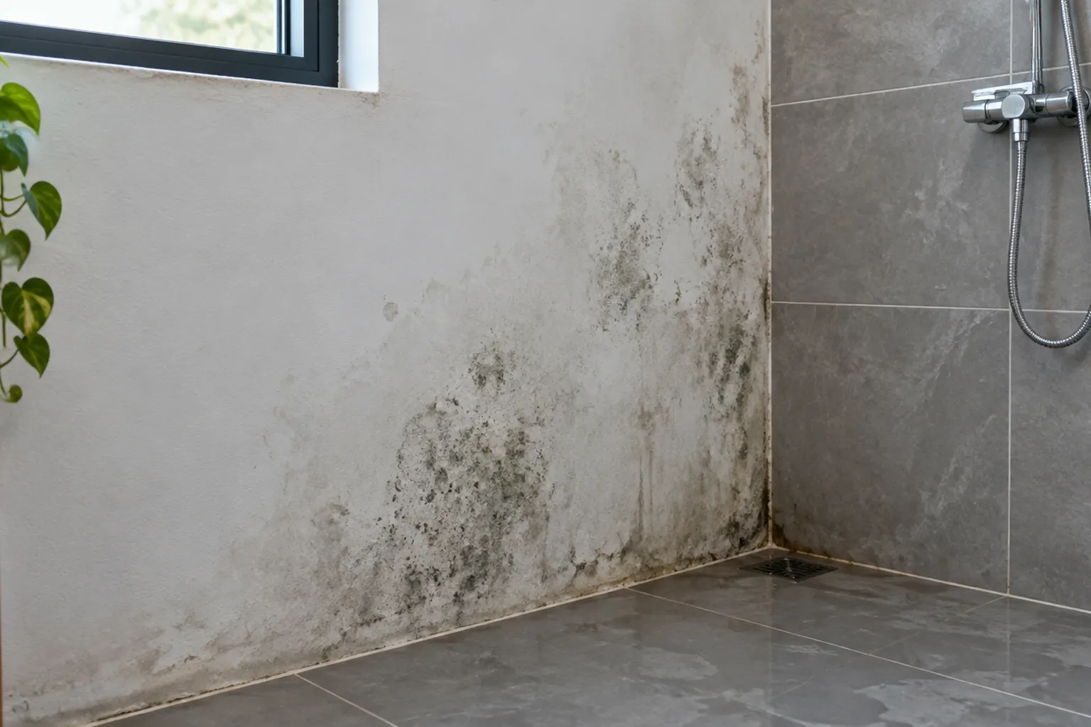 Bercak gelap pada dinding dekat area shower