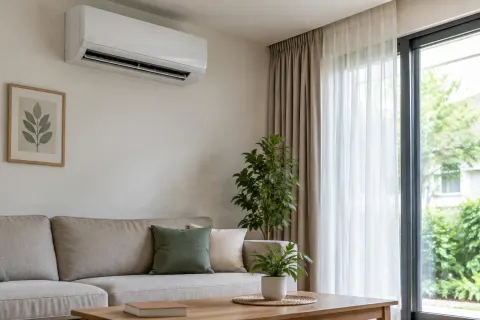 Ruang keluarga dengan AC dan jendela.