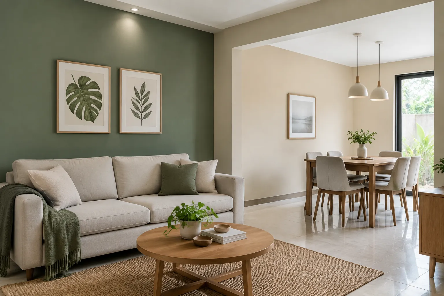 Dinding hijau tua di belakang sofa ruang keluarga
