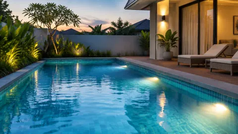 Kolam rumah menyala saat senja