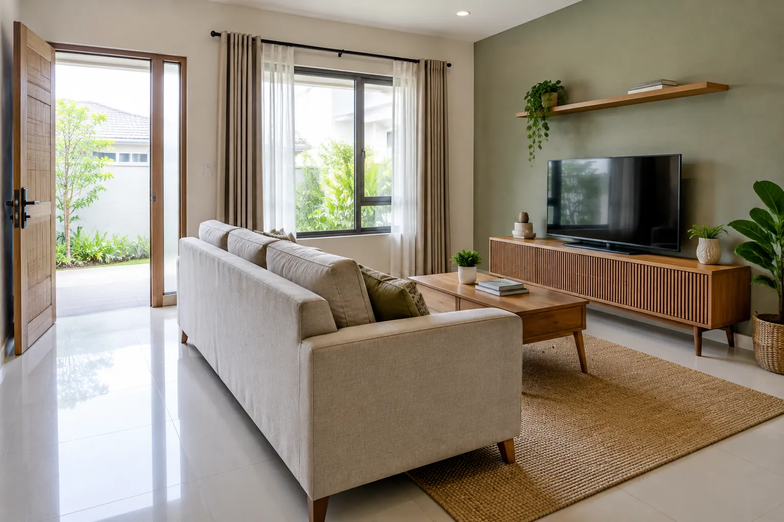 Sofa menghadap televisi dengan pintu dan jendela di sisi ruang