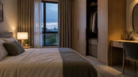 Kamar tidur dengan lampu samping tempat tidur yang lembut