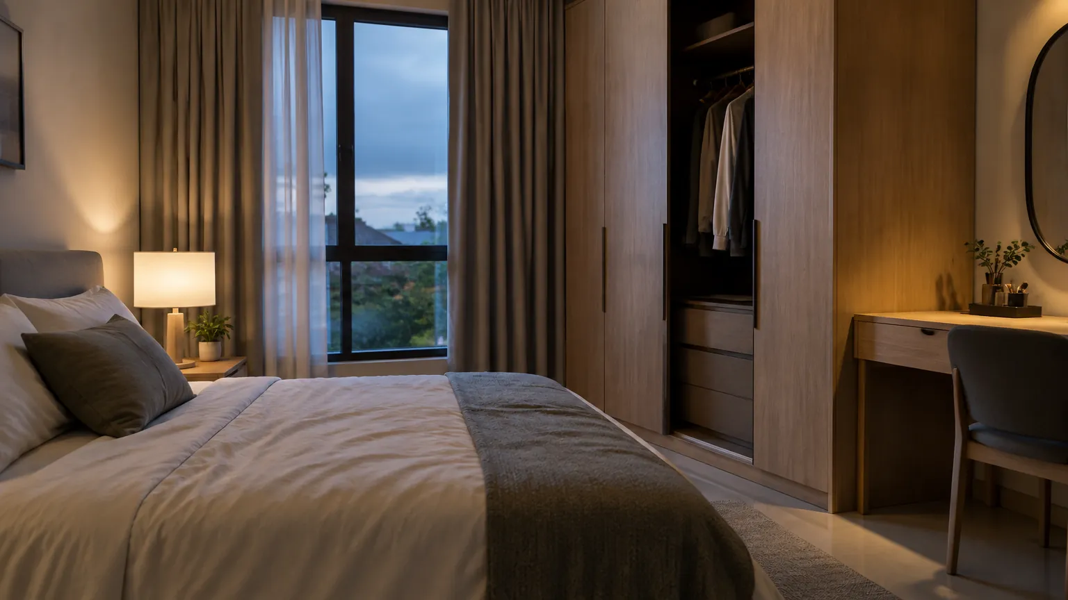 Kamar tidur dengan lampu samping tempat tidur yang lembut
