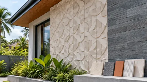 Bidang fasad rumah dengan ornamen bertekstur dan panel gelap