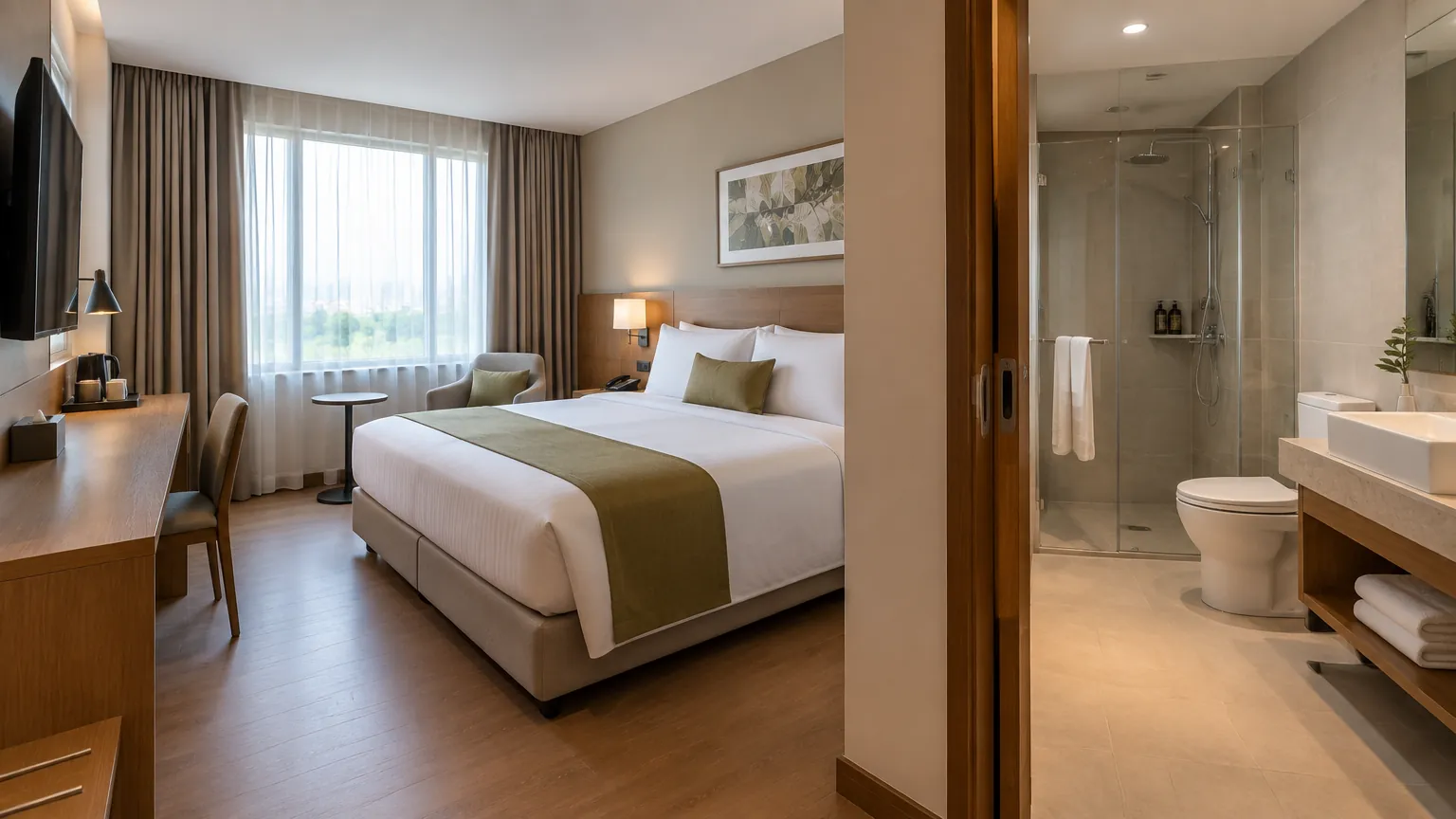 Kamar hotel dengan tempat tidur, meja, dan kamar mandi