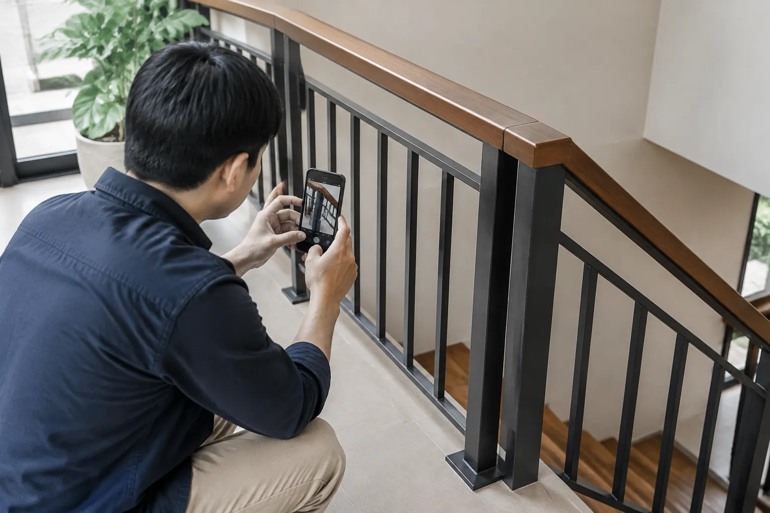 Orang memotret railing.