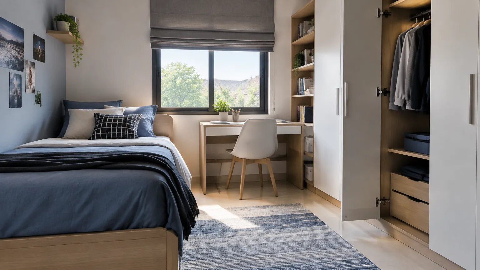 Kamar remaja dengan tempat tidur dan meja belajar