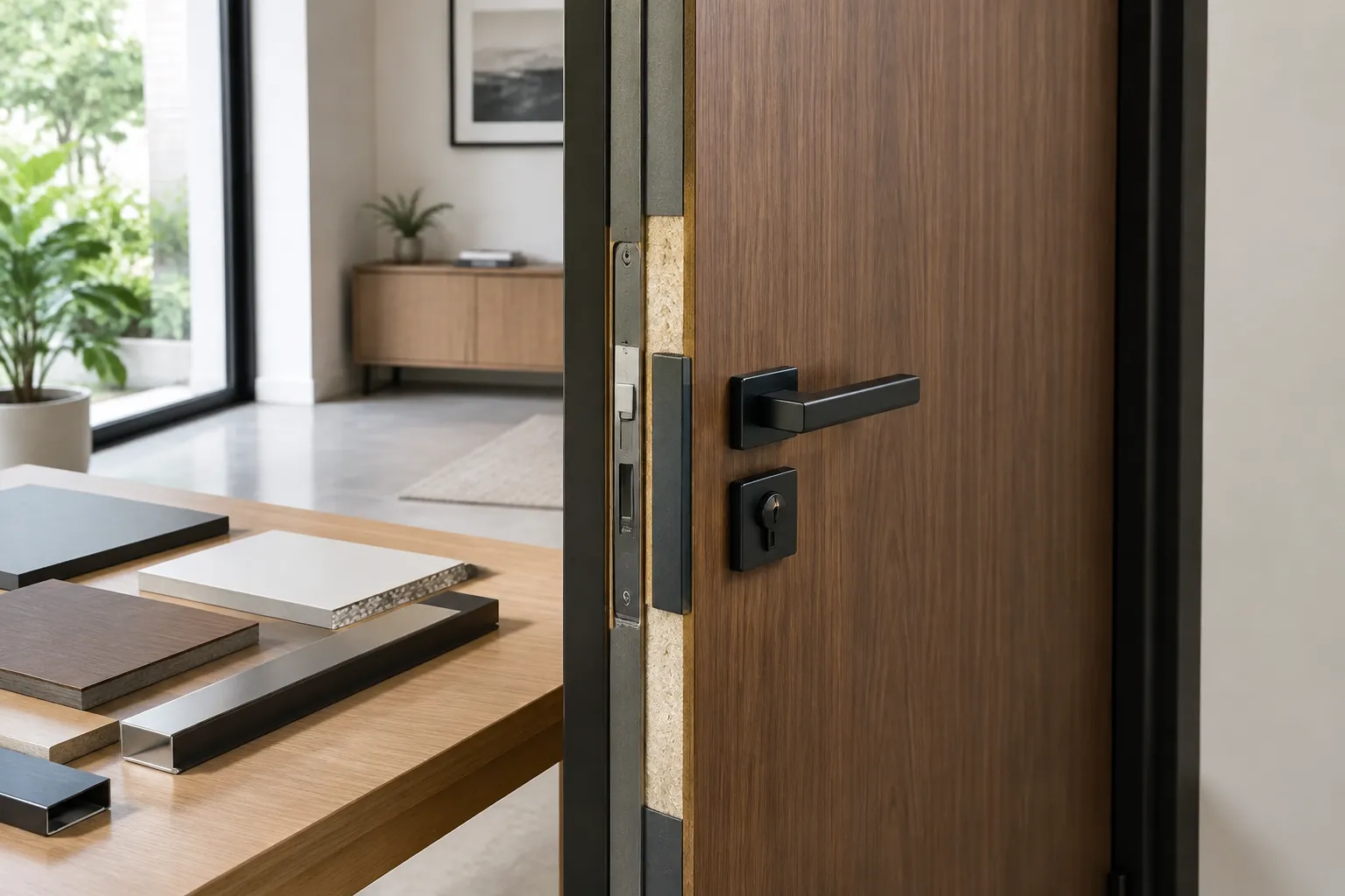 Detail daun pintu kayu dan perangkat gagang di samping contoh material