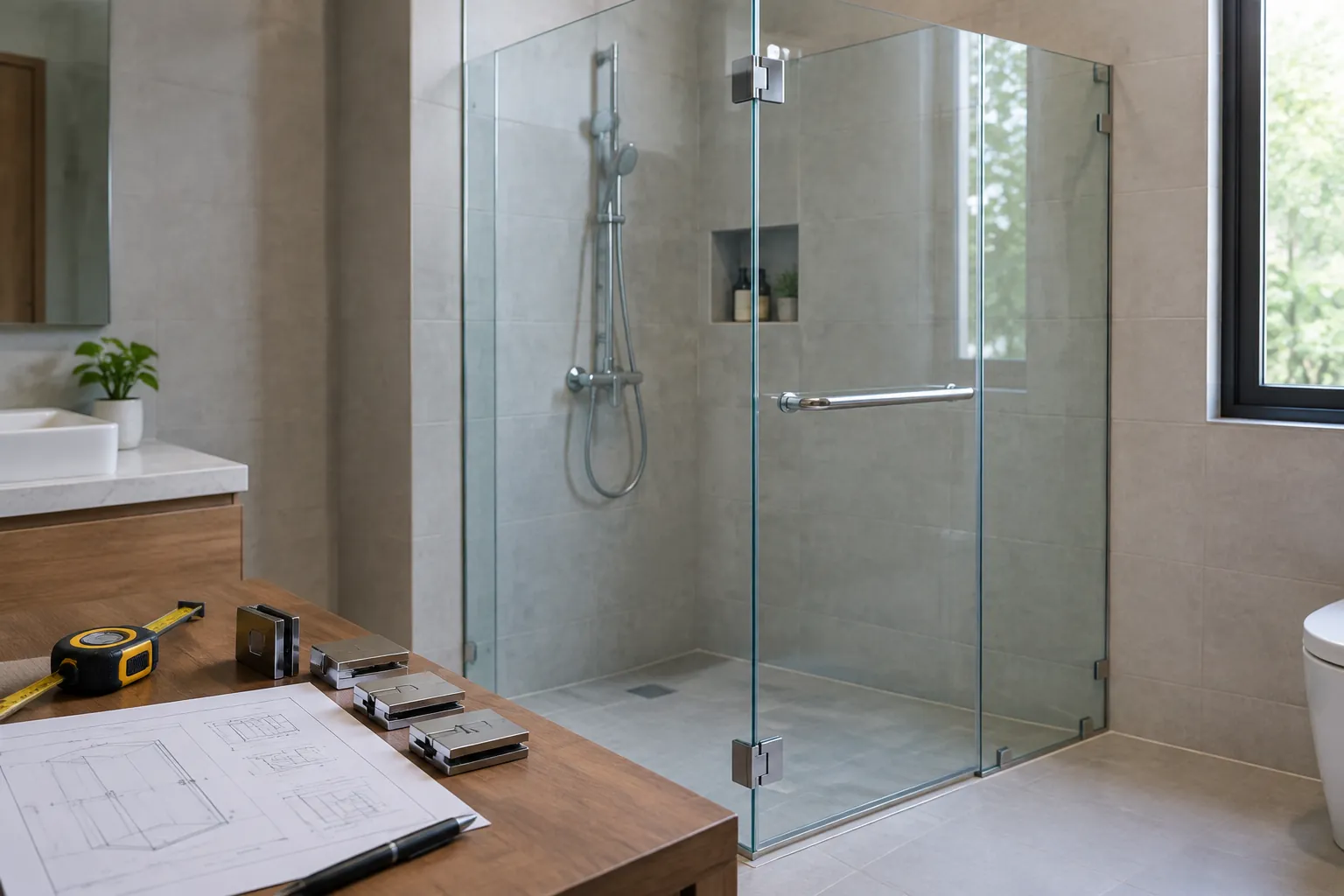 Detail sekat kaca dan perangkat pintu shower