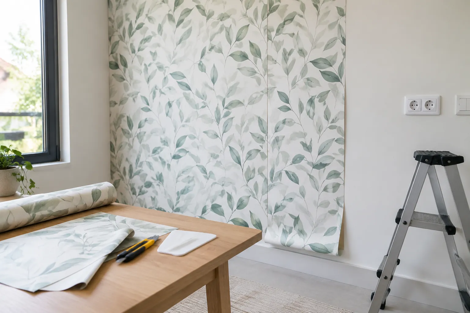 Satu lembar wallpaper bermotif dilepas dari alas sebelum ditempel
