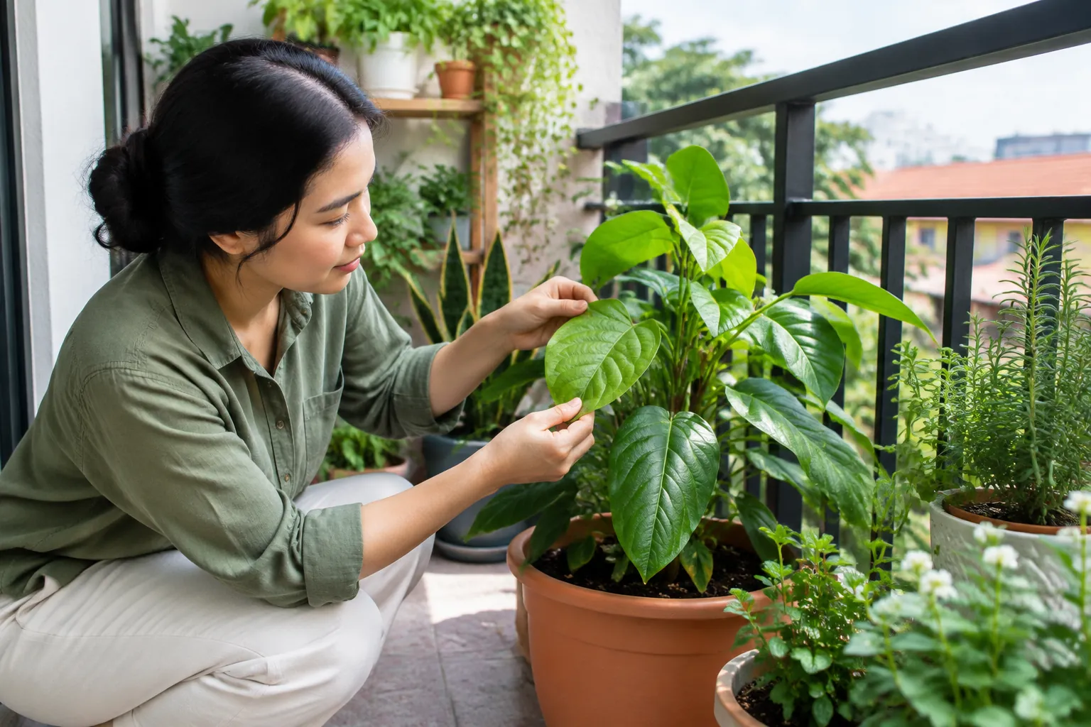 Penghuni mengamati daun tanaman di balkon
