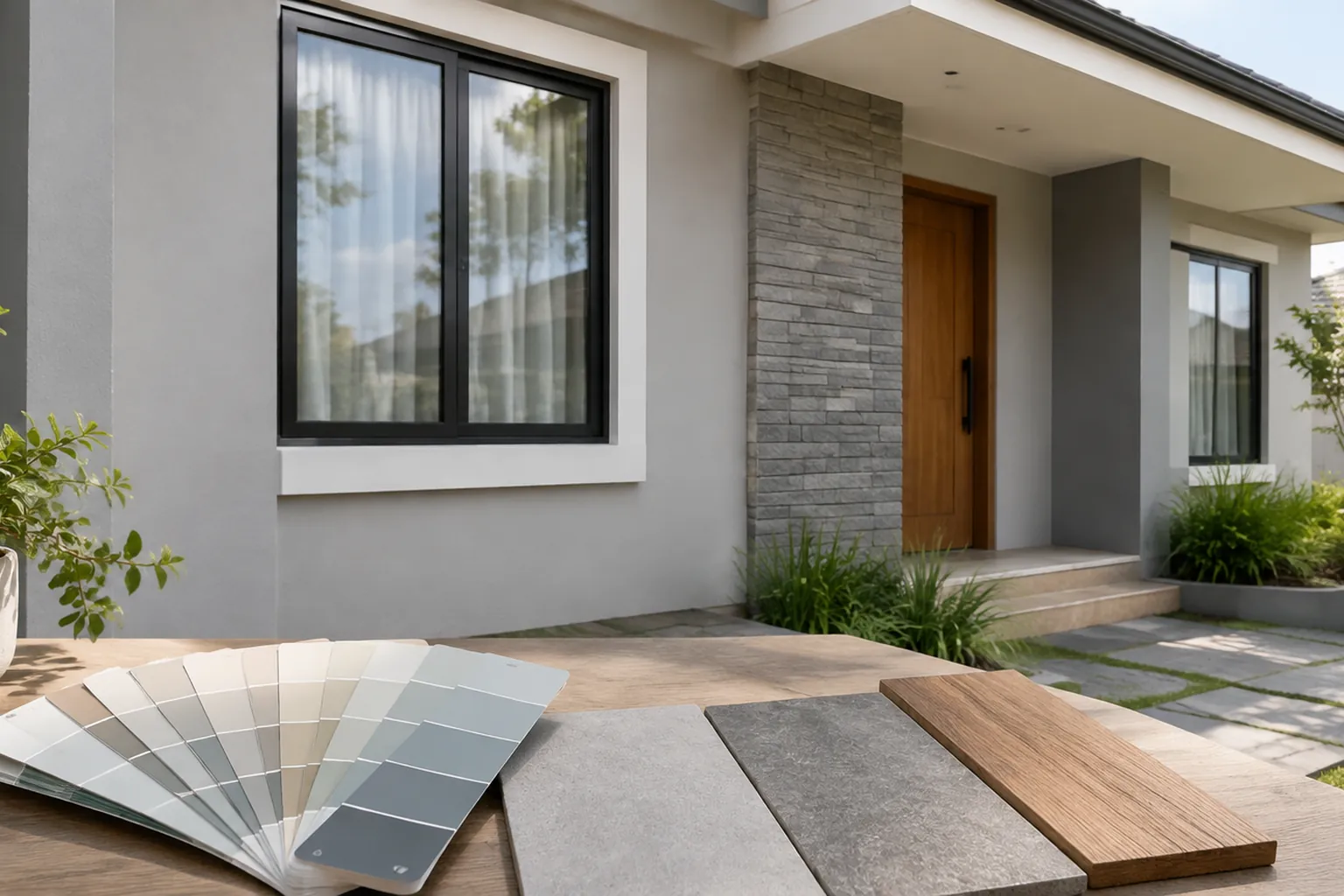 Sampel warna abu-abu dan material di depan fasad rumah