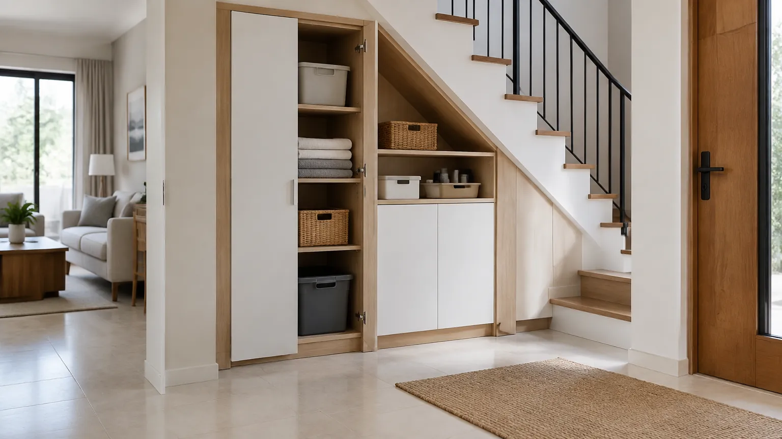 Rak dan kabinet bawah tangga digunakan untuk menyimpan kotak serta barang rumah