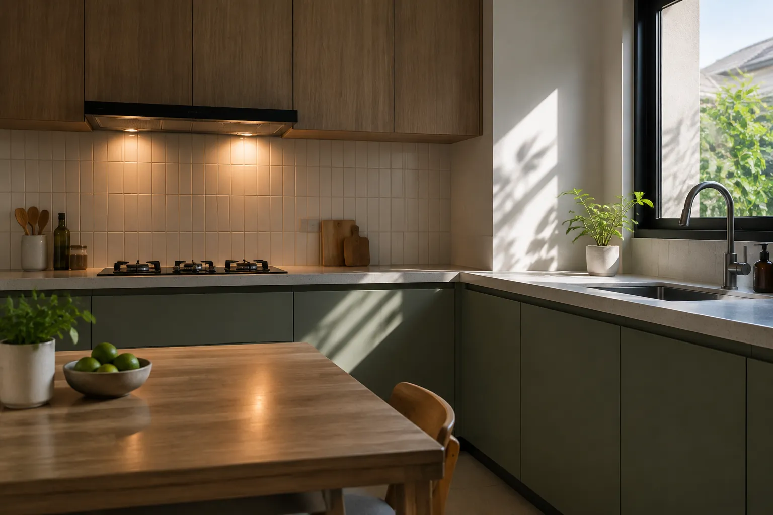Dapur berwarna hijau dengan lampu di bawah kabinet dekat area memasak