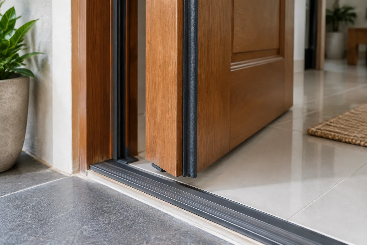 Detail ambang bawah pintu kayu dan lantai pada pintu masuk