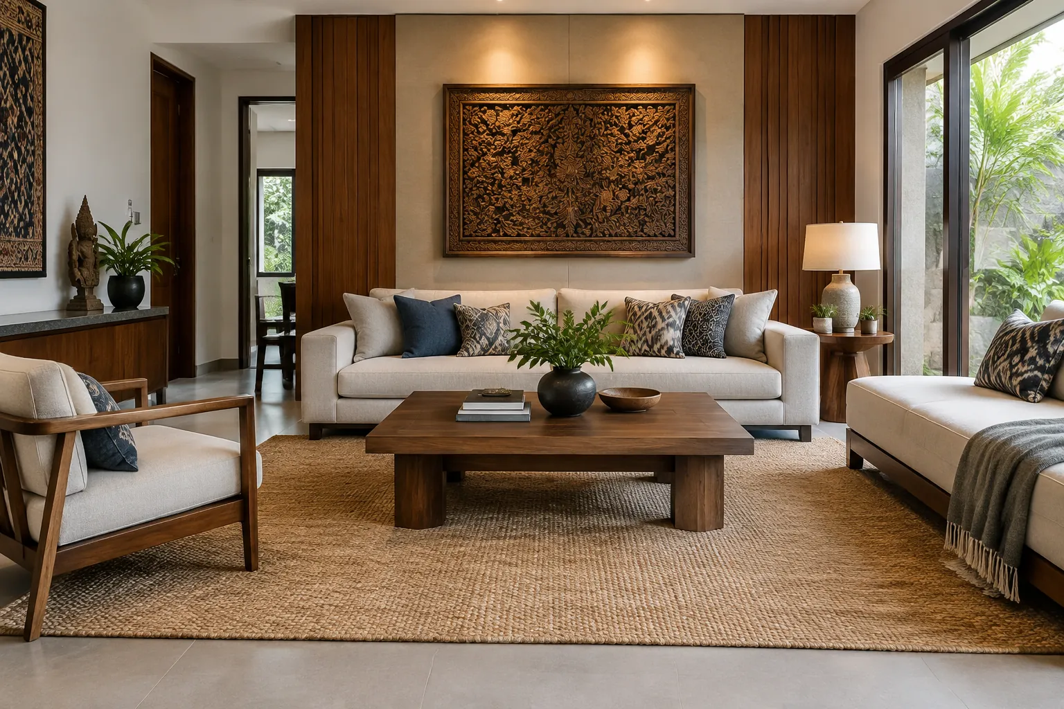 Ruang keluarga dengan sofa, meja kayu, dan panel dekoratif di dinding