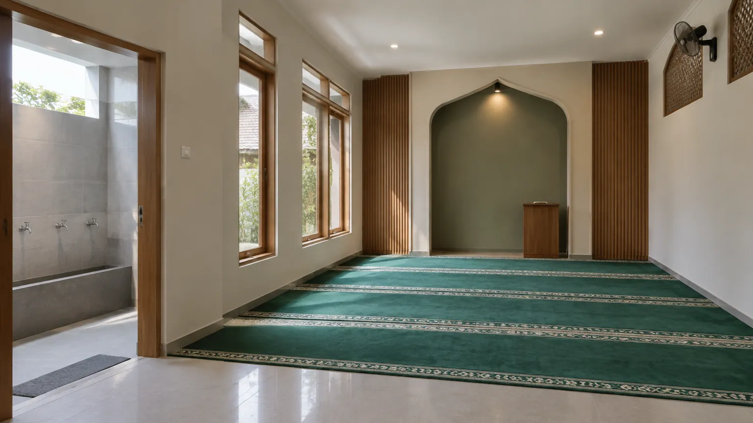 Musala dengan karpet berbaris dan area wudu di samping