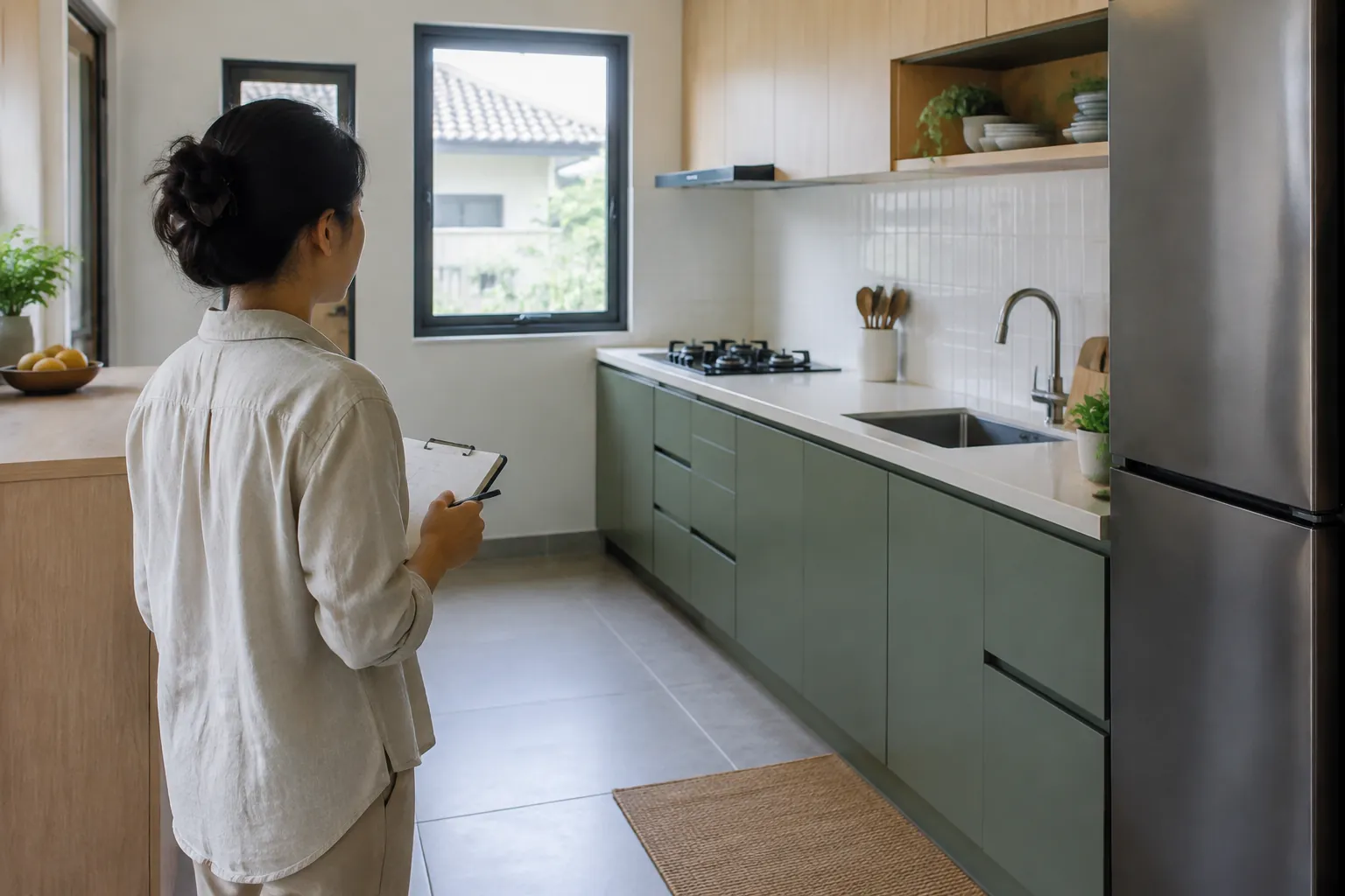 Seseorang meninjau dapur dengan kabinet hijau