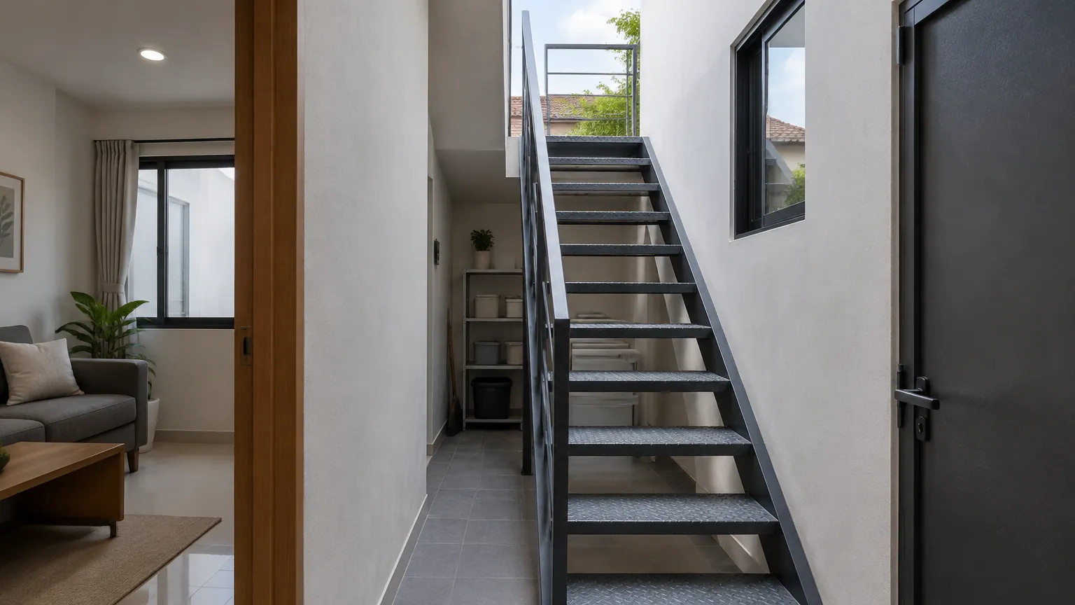 Tangga logam ramping di lorong rumah sempit