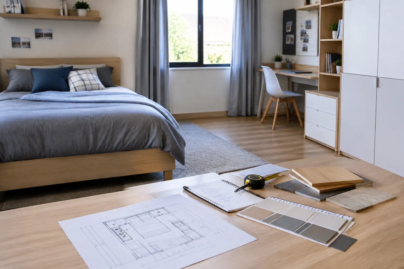 Gambar rencana dan contoh bahan renovasi diletakkan di meja kamar