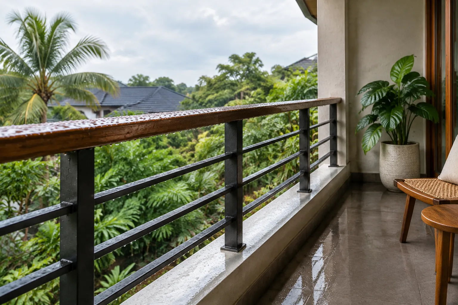 Pegangan kayu mengikuti balkon yang terbuka ke halaman tropis