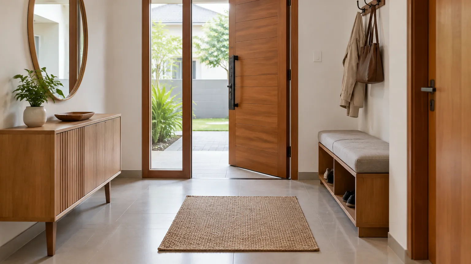 Foyer dengan karpet, bangku, dan pintu masuk