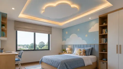 Kamar anak dengan plafon berbentuk awan dan lampu