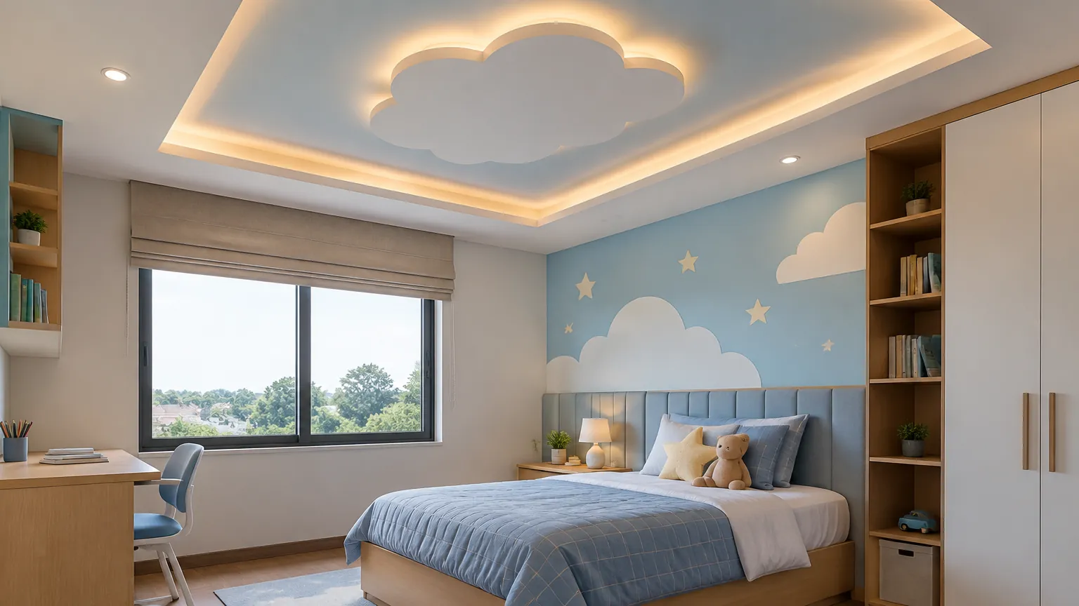 Kamar anak dengan plafon berbentuk awan dan lampu