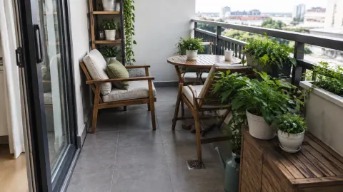 Balkon dengan meja, bangku, dan pot tanaman yang memenuhi lantai