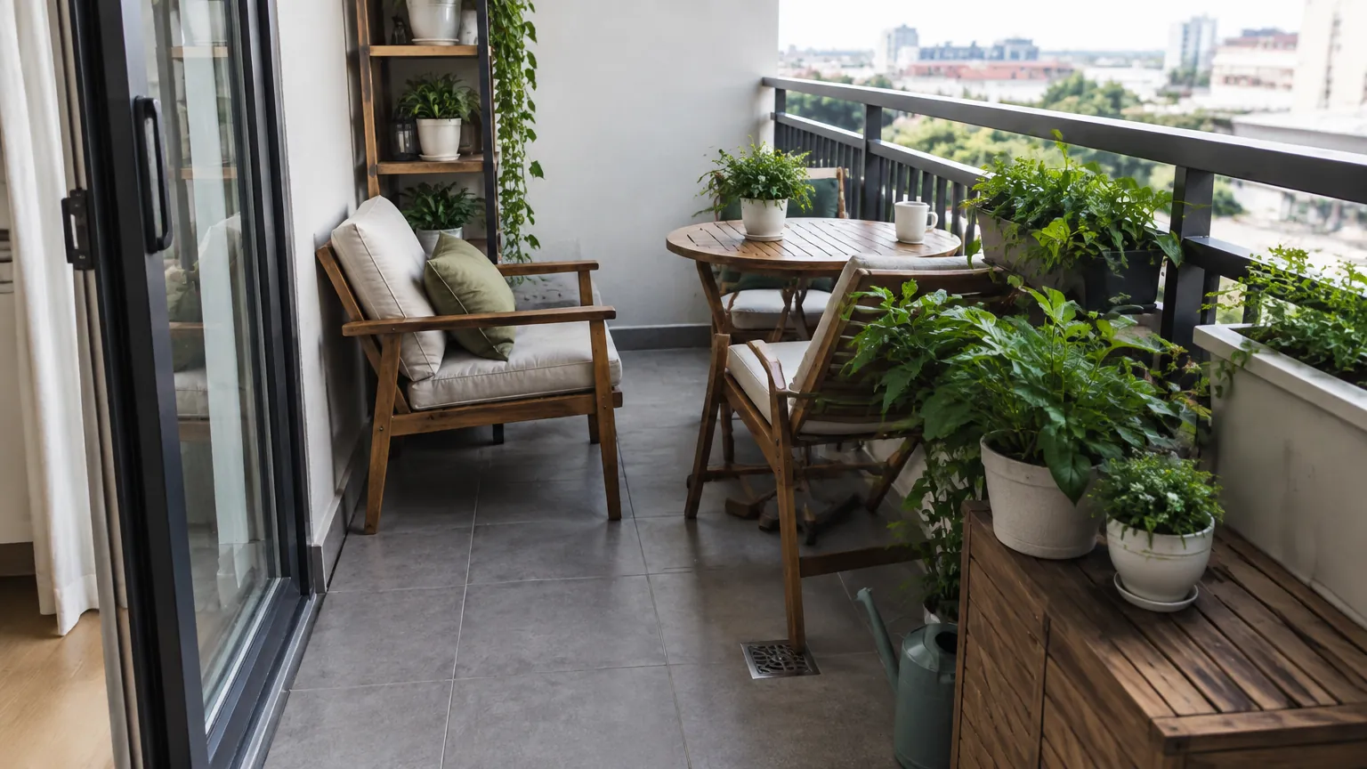 Balkon dengan meja, bangku, dan pot tanaman yang memenuhi lantai
