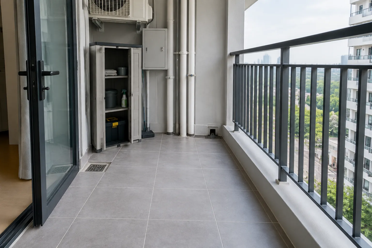 Area utilitas balkon dengan pipa dan pagar