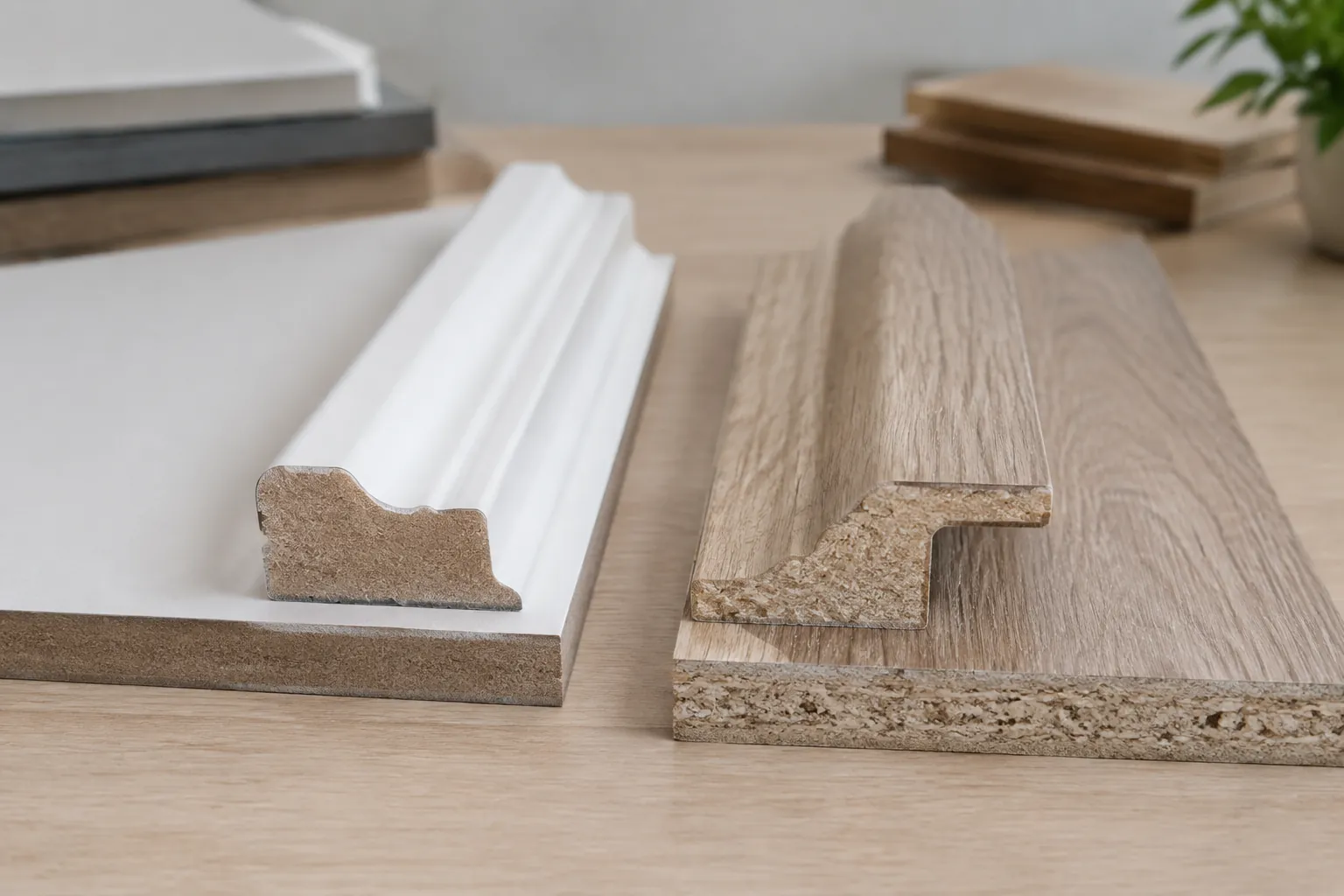 Sampel trim putih dan kayu di atas meja